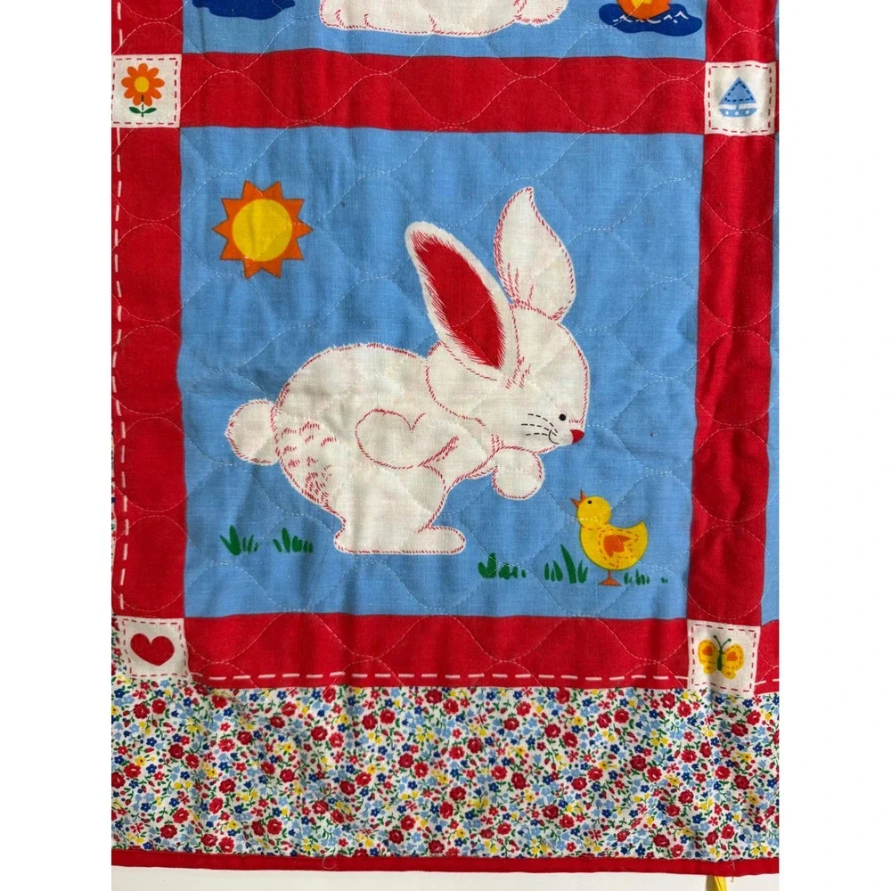 Vtg Bunny Quilt Blanket Crib Wall Hanging Applique Calico Floral Red Blue Ties
